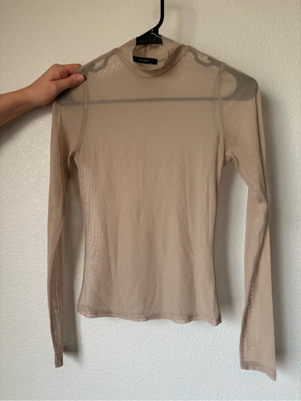 Forever 21 Sheer Long-Sleeve Mock Neck Top in Beige